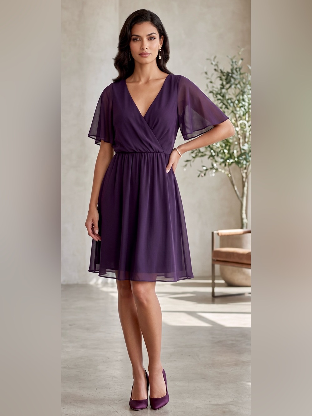 Lauren Ralph Lauren Purple Crinkle Georgette Flutter Sleeve Wrap Dress Size 4